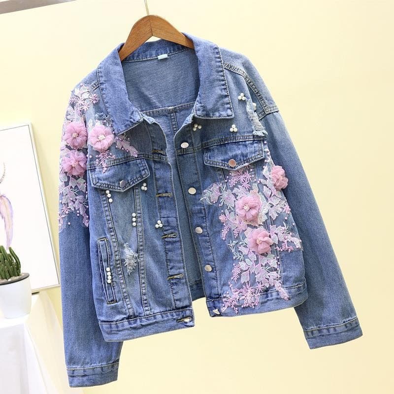 花刺繍付きパール装飾デニムジャケット