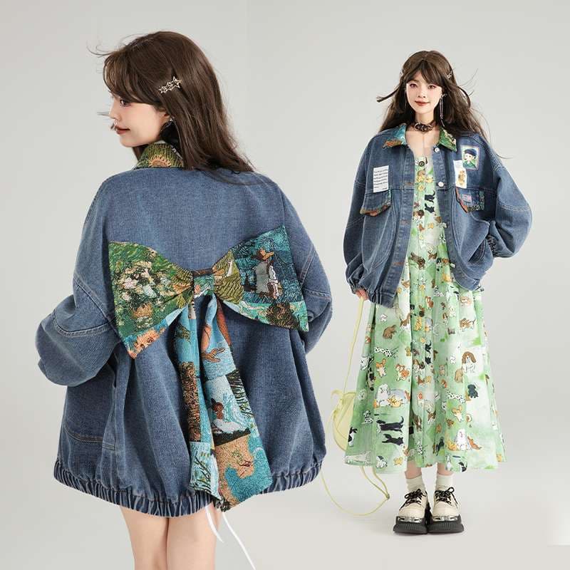 刺繍パッチ付きリボンオーバーサイズデニムジャケット