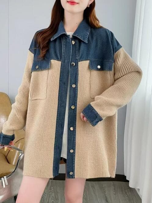 秋冬新作ニット切替デニムジャケットコート