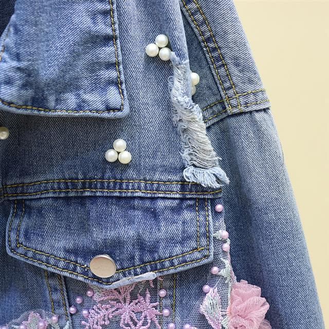 花刺繍付きパール装飾デニムジャケット