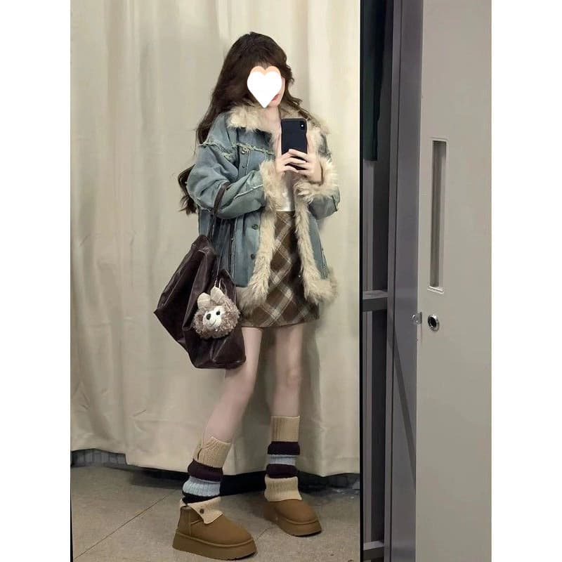 ボアファー付きデニムジャケット