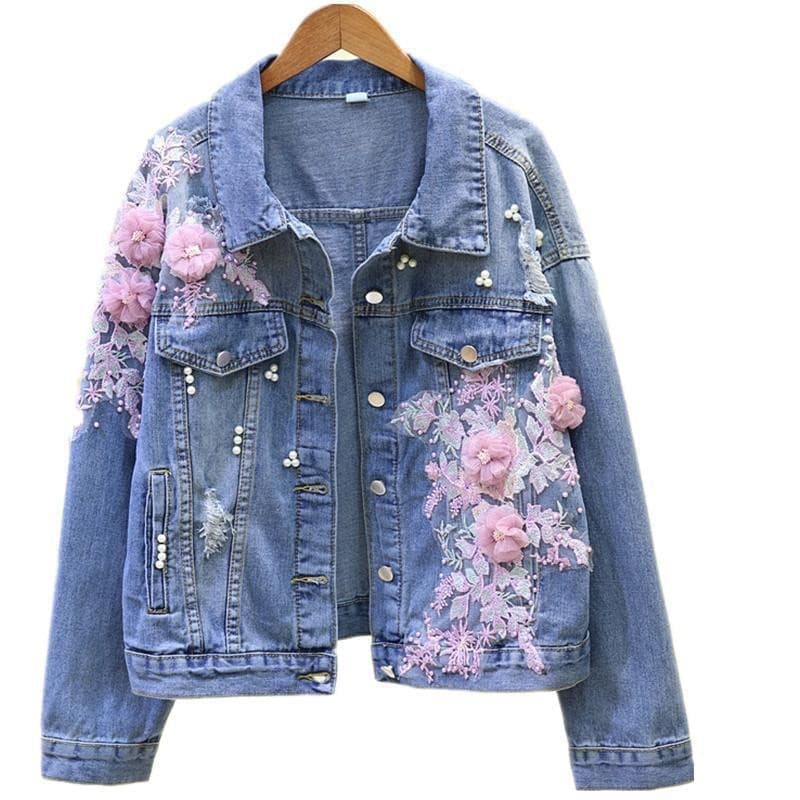 花刺繍付きパール装飾デニムジャケット
