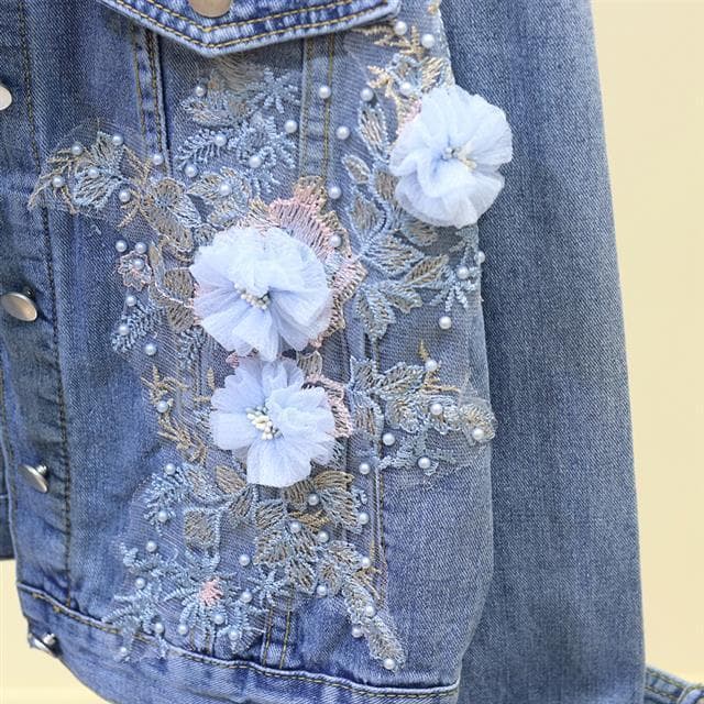 花刺繍付きパール装飾デニムジャケット