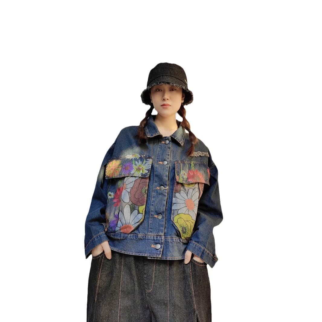花柄パネル切り替えデニムジャケット