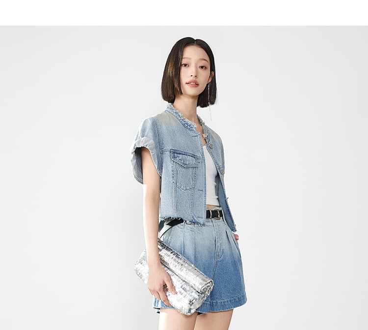 デニムジャケット こなれノーカラー半袖デニムジャケット
