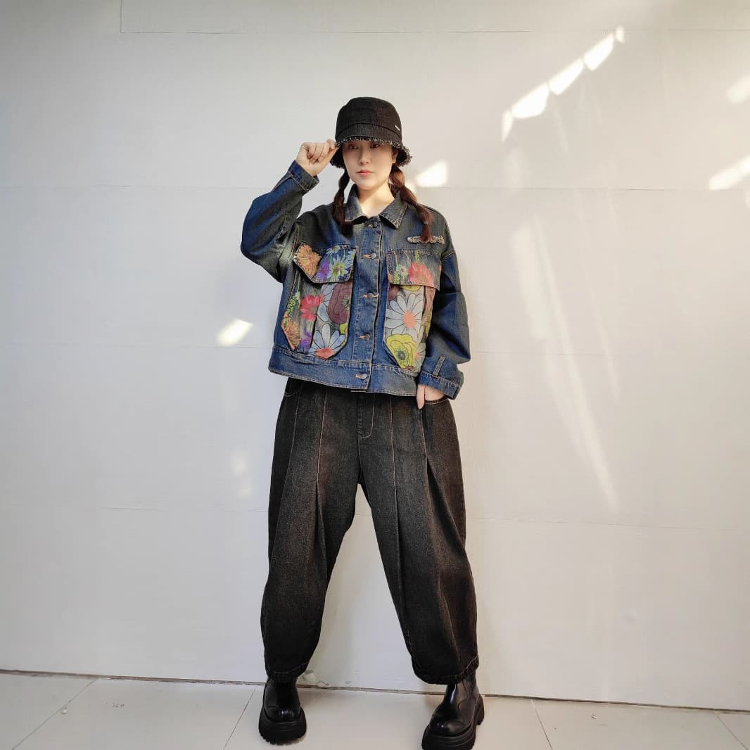 花柄パネル切り替えデニムジャケット