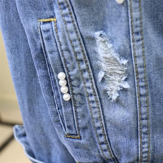 花刺繍付きパール装飾デニムジャケット