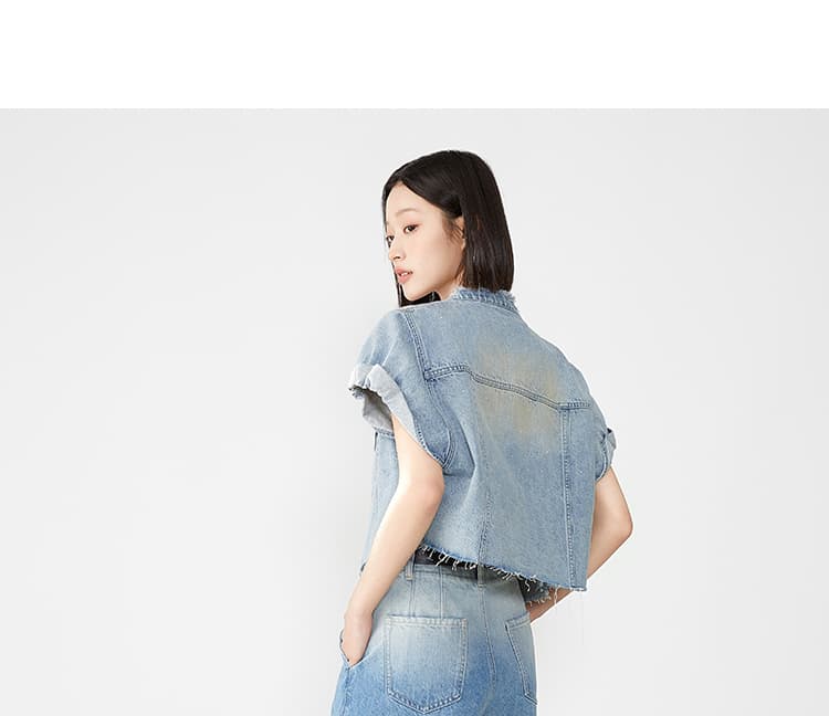 デニムジャケット こなれノーカラー半袖デニムジャケット