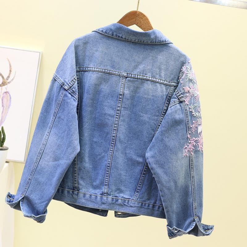 花刺繍付きパール装飾デニムジャケット