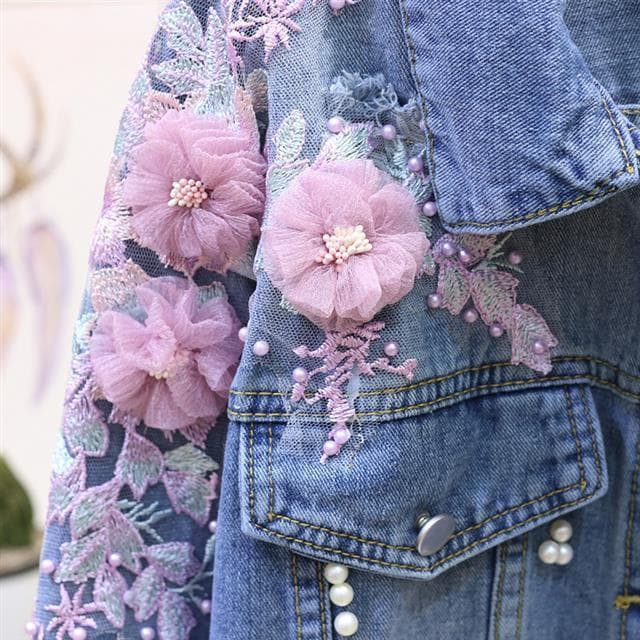 花刺繍付きパール装飾デニムジャケット