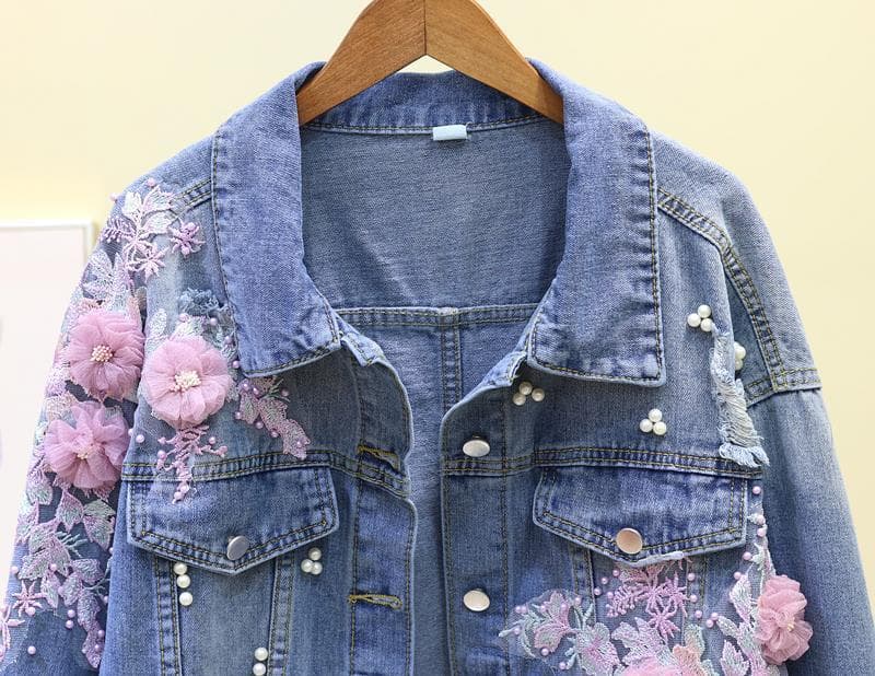 花刺繍付きパール装飾デニムジャケット