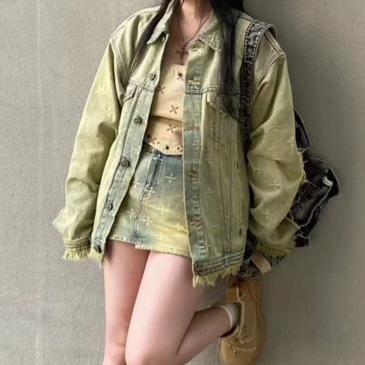 デニムジャケット クロス刺繍オーバーサイズデニムセットアップ