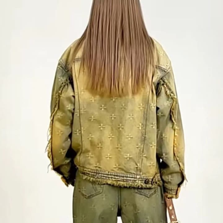 デニムジャケット クロス刺繍オーバーサイズデニムセットアップ