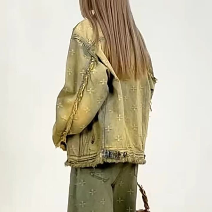 デニムジャケット クロス刺繍オーバーサイズデニムセットアップ