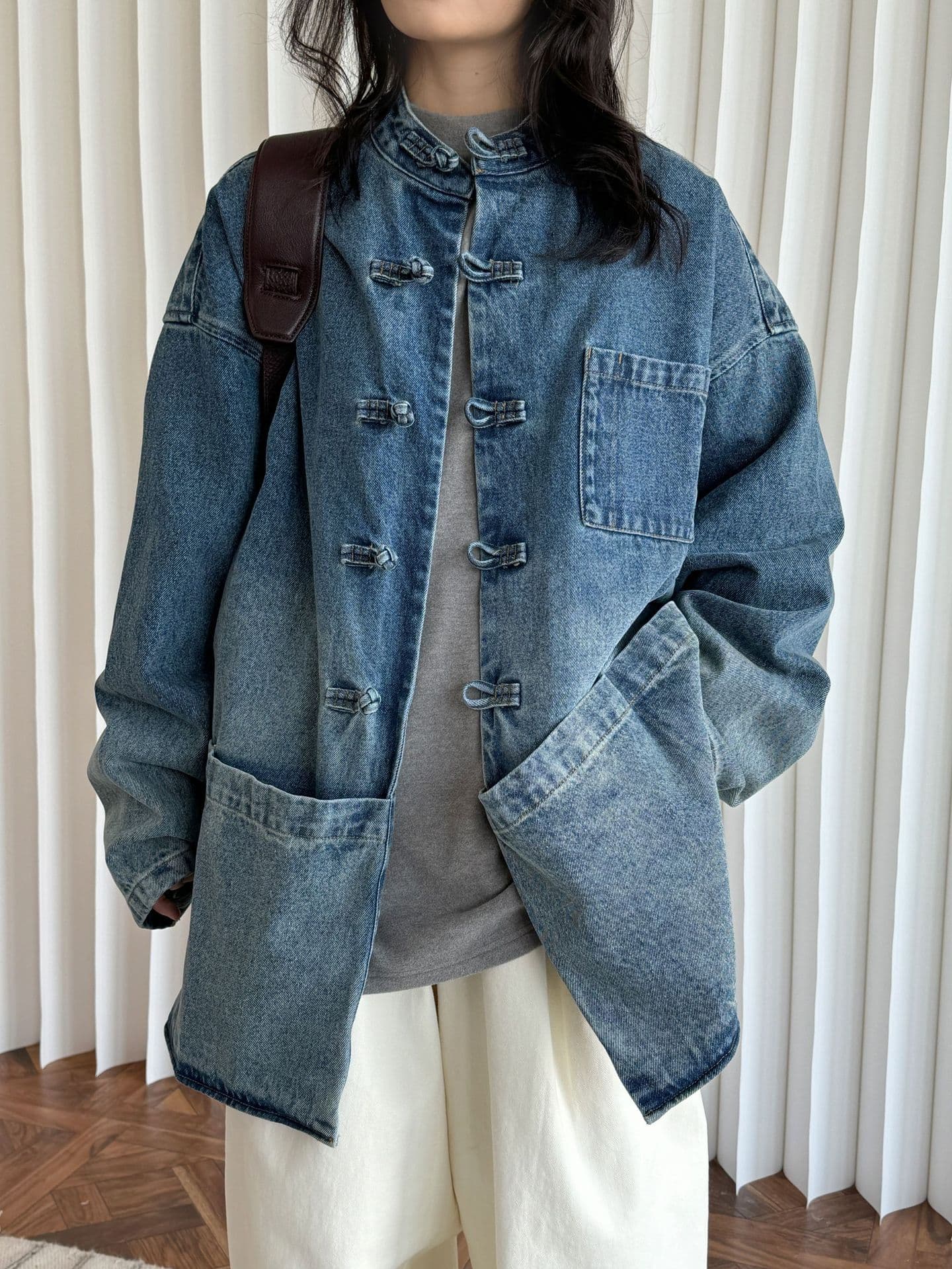 デニムジャケット チャイナ風デニムロングジャケット