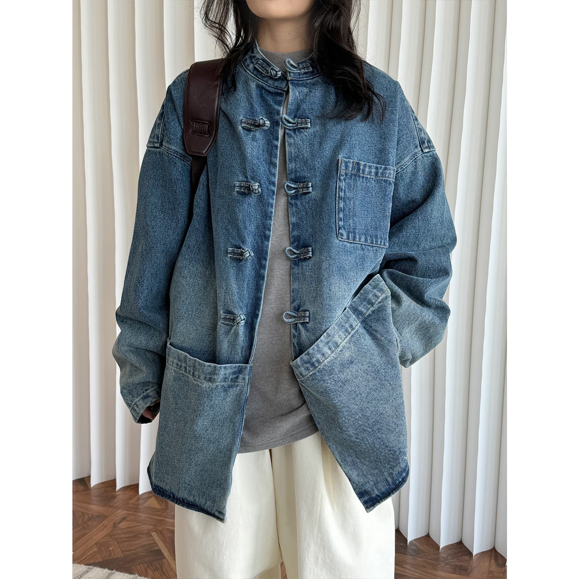 デニムジャケット チャイナ風デニムロングジャケット